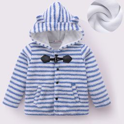Kookie Kids Full Sleeves Hooded Winter Fur Striped Jacket with 3D Applique - Blue-picture-29