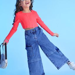 Ollington St.Cotton Rib Full Sleeves Corset Top & Denim Pant With Cargo Pockets - Neon Pink & Indigo-image-12