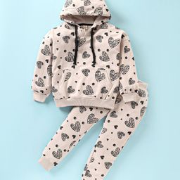 Olio Kids Cotton Knit Full Sleeves Hooded Winter Wear Co-Ord Set With Kangaroo Pockets & Hearts Print - Cream-image-82