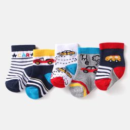 Cute Walk by Babyhug Cotton Knit Anti-Bacterial Ankle Length Car & Stripe Designed Socks Pack of 5 - Grey Blue & Red-image-49