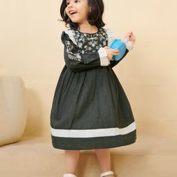 Tiny Twills Linen Full Sleeves Floral Embroidered & Schiffli Designed Flared Dress - Alpine Green-image-4
