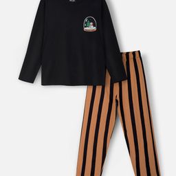 Nap Chief Pure Cotton Knit Full Sleeves Snow Globe Printed & Striped Night Suit Set - Black-image-32
