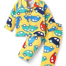 Babyhug Cotton Knit Full Sleeves Front Open Co-ords Night Suit with Cars Print - Yellow-image-77