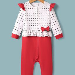Mark & Mia Interlock Knit Full Sleeves Polka Dots Printed Front Open Romper with Bow Applique & Frill Detailing - White & Red-image-63