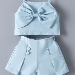 Mark & Mia Sleeveless Solid Color Top & Pleated Shorts Set with Bow Applique - Light Blue-image-1