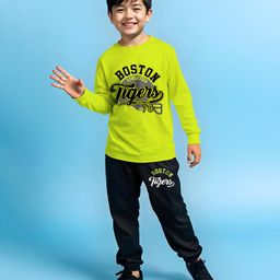 Trampoline Cotton Blend Full Sleeves Typography Printed Tee With Track Pants Set - Green & Black-image-43