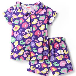 Babyhug Cotton Knit Half Sleeves Peter Pan Collared Co-ords Shorts Night Suit with Abstract Print - Purple-image-84