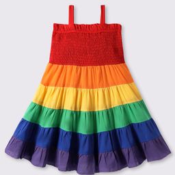 Babyhug Woven Singlet Sleeves Tiered Frock with Smock Detailing - Red & Yellow-picture-10