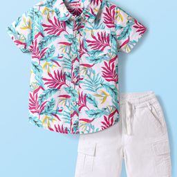 Babyhug Cotton Woven Half Sleeves Shirt & Shorts Set With Leaf Print - White-image-31