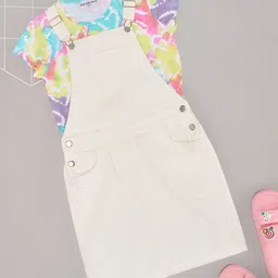 Pantaloons Junior Cotton Solid Dungaree & Half Sleeves Hearts Printed Tee Set - Bright White-picture-46