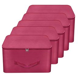 Storite 5 Pack Nylon Wardrobe Bag Underbed Moisture Proof Cloth Storage Organizer, Storage box for Clothes Saree Bags with Zippered Closure & Handle (Magenta, 37x34x23 cm) Square-image-2