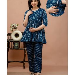 CeleBravo Cotton Three Fourth Sleeves Floral Printed Maternity Kurta With Nursing Access & Pant Set - Navy Blue-image-87