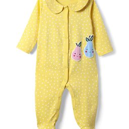Babyhug Cotton Knit Peter Pan Collar Full Sleeves Footed Sleep Suit With Polka Dots & Tropical Theme Print - Yellow-image-2