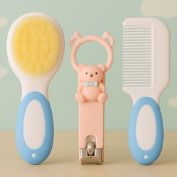 KIDS BASIC Baby Soft Bristle Hair Brush Comb Set with Cute Nail Clipper - Blue & Pink-24