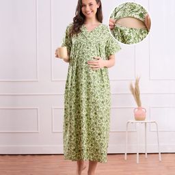 Bella Mama Cotton Woven Half Sleeves Maternity Nursing Nighty with Floral Print - Green-picture-0