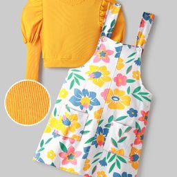 OLLINGTON ST. Cotton Rib Puff Full Sleeves Top with Floral Printed Knit Pinafore - Yellow & White-picture-32