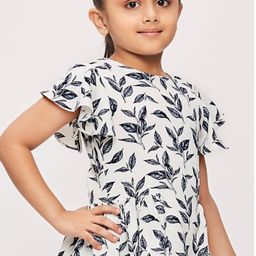 Tiny Girl Half Flutter Sleeves Botanical Floral Leaf Printed  Top  - Blue image 5
