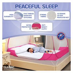 classic mosquito nets Classic Mosquito Net for Double Bed  King Size Foldable Premium Machardani Polyester 30 GSM Strong Net - Pink image 4