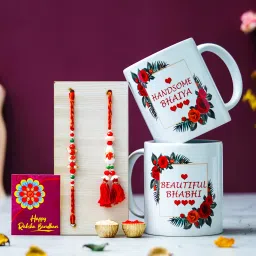 Designer Rakhi Gift Set For Brother Combo With Roli Chawal Greeting Card- MGP-5 Mauli Thread Mug, Rakhi, Lumba, Greeting Card, Chawal Roli Pack Set-image-3