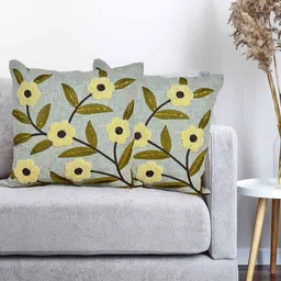 Vinayaka Fab Grey And Green 2 Pieces Embroidered Linen Square Cushion Covers-image-51