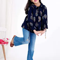 DMP FASHION Girls Floral Printed Tie-Up Neck Bell Sleeve Cotton Top-image-89