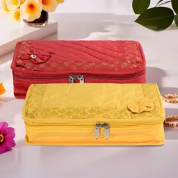 Aura Yellow and Red 2 Pieces Self Design 7-Compartments Bow Jewellery Organisers-11
