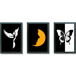 Aisha Decorz White & Black Set of 3 Wooden Birds & Butterfly Themed Wall Paintings-picture-14