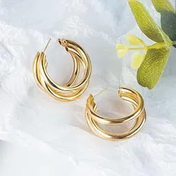 DN ENTERPRISES Gold-Plated Twisted Layered Circular Shaped Half Hoop Earrings-33