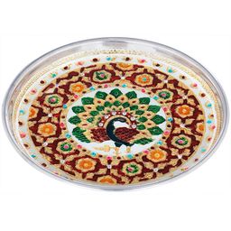 Exotic India White & Red Dancing Peacock Printed Small Metal Pooja Thali-9