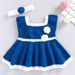 USHA ENTERPRISES Short Sleeves Flower Detailing Baby Dress With Headband - Blue-image-34