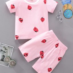 Kookie Kids Half Sleeve Night Suit  Strawberry Print - Pink-image-66