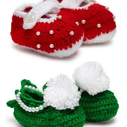 MayRa Knits Pack Of 2 Pair Of Pearl Embellished Booties - Red & Green-picture-25