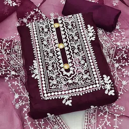 HERE&NOW Floral Embroidered Thread Work Organza Unstitched Dress Material-image-98