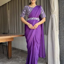 Pionex Solid Ready to Wear Saree With Embroidered Blouse And Belt-picture-14