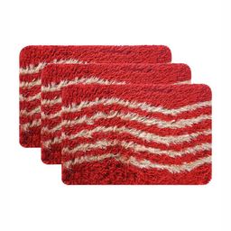 Aura 3-Pcs Cream Coloured & Red Striped Cotton Super Soft Anti-Slip Bath Mats-32