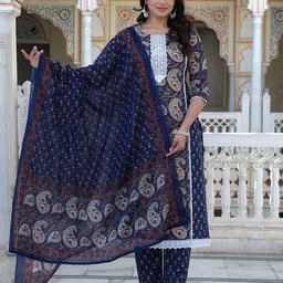 ELVISH JAIPUR Paisley Printed Embroidered Pure Cotton Kurta With Trouser And Dupatta-19