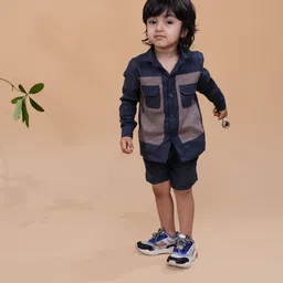 Funny Bones Clothings Boys Colourblocked Shirt Collar Long Sleeves Linen Shirt & Shorts-image-24