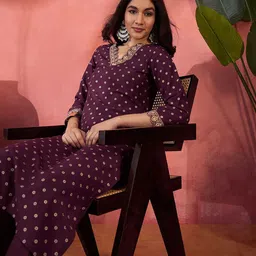 Sangria Foil Printed With Zari Sequence Embroidered A-Line Kurta & Trousers image 5