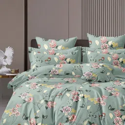Myntra Elegant Homes Green & Pink Floral 350 TC King Bedsheet with 2 Pillow Covers-picture-2