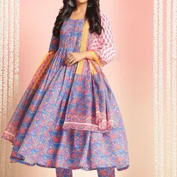 GoSriKi Floral Printed Round Neck Pleated Anakali Kurta With Trousers & Dupatta-picture-1