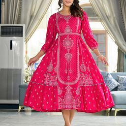 Juniper Ethnic Motifs Print Bishop Sleeve Fit & Flare Midi Dress-image-58