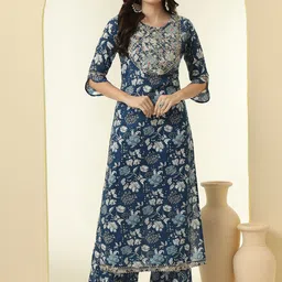 KALINI Floral Printed Sequinned Round Neck Pure Cotton Straight Kurta With Palazzos-10