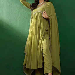 Divyadham Embroidered V Neck Empire A Line Georgette Kurta With Pyjamas & Dupatta-image-13