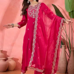 Sangria Floral Embroidered Notch Neck Zari Straight Kurta With Trouser & Dupatta-30