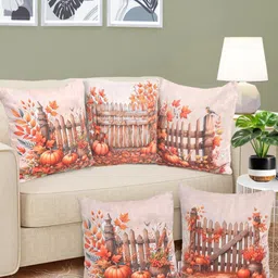 FABINALIV White & Orange 5 Pieces Floral Printed Velvet Square Cushion Covers-21