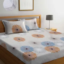 Aura Beige & Blue Floral Printed 300 TC Cotton King Bedsheet Set 2.50 m x 2.15 m-picture-32