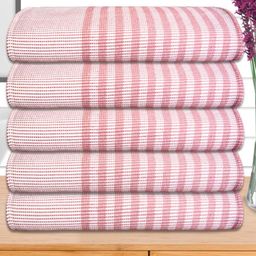 Athom Living Pink & White 5 Pieces Striped Cotton 210 GSM Bath Towels-image-66