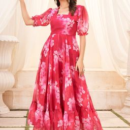 SHINISHA Floral Printed Organza Puff Sleeve Fit & Flare Maxi Dress-image-85