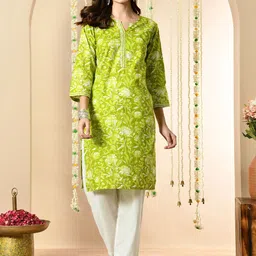 Aktasa Floral Printed Notch Neck Pure Cotton Straight Kurta-21