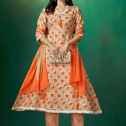 DIVASTRI Floral Printed Square Neck Pure Cotton A-Line Kurta With Trousers & Dupatta-20